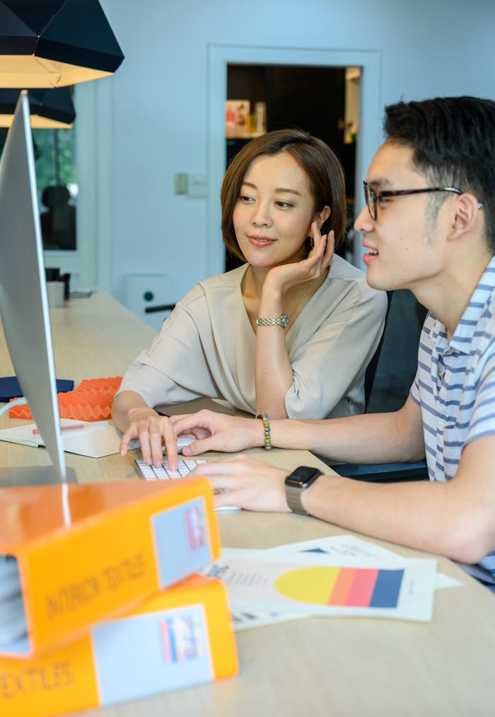 Two professionals working together at a desk, focused on a computer screen.